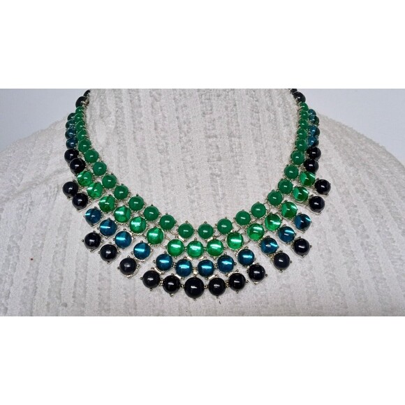 Coldwater Creek Jewelry - Coldwater Creek Designer Necklace Green & Blue Cabochon Silver Tone Statement